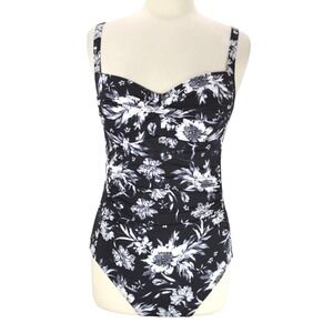 Nip Tuck Slimming Swimsuit size‎ 10 Black Floral Runched Bandeau One Piece